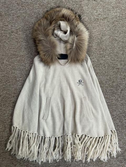 Roen Swarovski Skull fur hood poncho