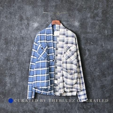 GREG LAUREN Blue White Plaid Cotton Shirt