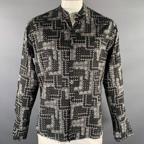 GREG LAUREN Size L Black White Bandana Band Collar LS Shirt