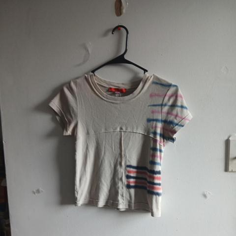 Eckhaus Latta cream & pink striped crop top with blue & pink horizontal stripes on the right side, size S #eckhauslatta #stripes