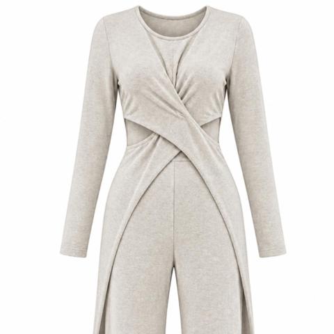 Oatmeal / gray 2 piece set. Not a jumpsuit.  Long duster and pants/Leggings. Super soft. The brand is WinWin. Made in the US.  

This mauve/dusty rose outfit features a draped crossover wrap top duster  over a matching pant, creating a striking "walk-thru" effect with dramatic side slits.