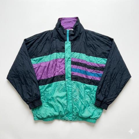 70s windbreaker jacket with horizontal stripes in teal, purple, and black #windbreaker #silk #colorblock #vintage Vintage Peter Et Jon Clothing 100% Silk Colorblock Windbreaker Jacket Ex-Large 
Pit to pit 28
Length 28 1/2
