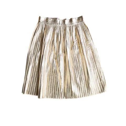 Gold pleated skirt by Sylvie Schimmel. Made of a buttersoft leather that is lined with cloth for support. Has extra fine pleats and closes with concealed zipper on the side. Size 36