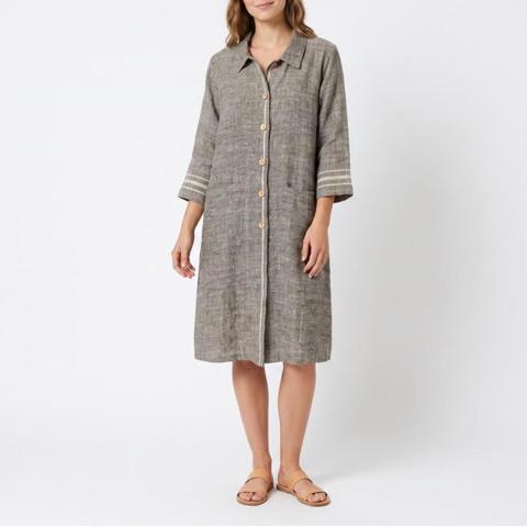 Namsar Grey 100% Linen Button Front Duster Shirt Dress Stripe Detail S/M India

Namsar button-down duster coat or long shirt dress crafted from 100% linen in a textured grey weave. This versatile piece features a classic collar, coconut-shell style buttons, and functional front pockets. Cream-colored stripe accents adorn the sleeves and run down the center back, adding a touch of artisanal detail. The lightweight, breathable fabric makes it an ideal layering piece for transitional weather or a standalone dress for a minimalist, earthy look.

Brand: Namsar
Material: 100% Linen
Color: Grey/Natural
Pattern: Solid with Stripe Accents
Sleeve Length: Long Sleeve
Closure: Button Front
Neckline: Collared
Pockets: Front Slip Pockets
Origin: Made in India
Style: Duster, Shirt Dress, Tunic
Fit: Relaxed

Measurements:
• Chest: 19" (38" doubled)
• Length: 40"

Keywords: Lagenlook, Minimalist, Earthy, Coastal Grandmother, Sustainable, Boho, Artisan, Neutral, B

#Oversized #Minimalist #Boho #Tailored