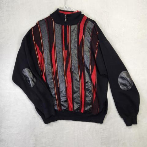 Inserch Mens XL Quarter Zip Sweater Black Red Striped Faux Leather Elbow Patches

Vintage-inspired quarter-zip sweater features a bold vertical striped pattern in red and black with unique textured faux leather paneling. Designed with a high mock neck and ribbed cuffs, this piece includes retro elbow patches for added character. The front showcases intricate line detailing in orange and yellow, creating a striking visual contrast against the dark base. Note that the faux leather panels show significant peeling and there is a small white mark on the back, as pictured.

Measurements:
• Pit to Pit: 25.5" (51" chest)
• Length: 28"

Keywords: Coogi Style, 90s Vintage, Grandpa Core, Abstract, Textured, Patchwork, Streetwear, Retro, Bold, Striped, Faux Leather, Quarter Zip, Mock Neck, Eclectic, Maximalist

#70s #AvantGarde #Two-Tone