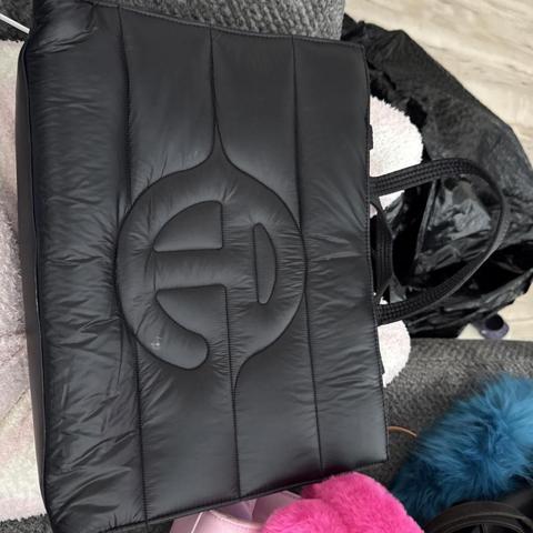 Black leather tote bag with embossed logo #tote #leather