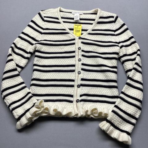 Full Tilt Juniors Tillys Stripe Ruffle Cardigan Sweater Large Black Cream Peplum

The Full Tilt Juniors Tillys Stripe Ruffle Cardigan Sweater in Large is a stylish and versatile piece perfect for various occasions. This black and cream striped sweater features a v-neckline with ruffle accents, long bell sleeves, and a slim fit. Made from viscose material, this tight-knit sweater is ideal for parties, casual wear, work, or business settings. Hand wash only to maintain its quality, this sweater combines classic elements with modern accents for a trendy 90s-inspired look. Coquette, Parisian chic, Y2K-adjacent