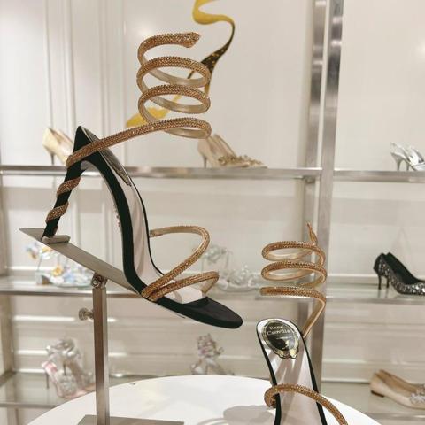 Geneva Caovilla black heels with gold spiral straps and rhinestones #glamour #designer