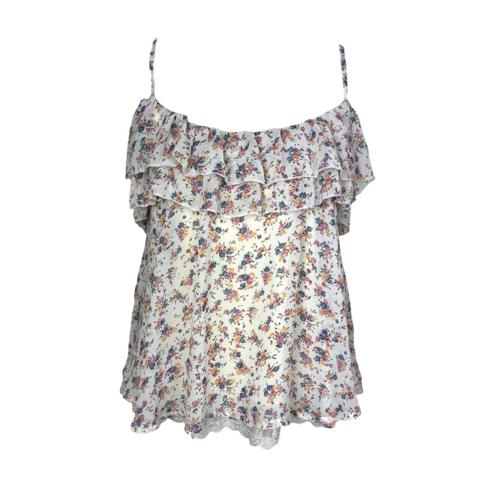 Floral ruffle cami top with adjustable straps 

Labelled: M Clef De Sol

APPROX MEASUREMENTS:
pit-pit: 15”
full length: 23”

Condition: worn but good, no major flaws
