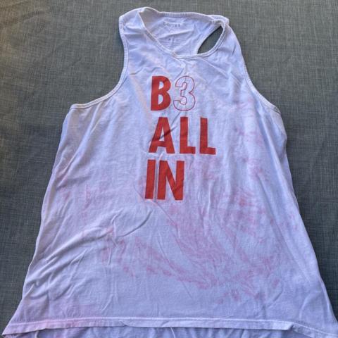 Barr3– B3 white & pink tie-dye tank top with red text reading 'B3 ALL IN' #tiedye #activewear #barre
