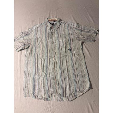RIG Striped Button Down Shirt Mens L Light Blue Short Sleeve Casual Good Pocket

Short sleeve button down shirt features a classic vertical stripe pattern in light blue, red, and yellow tones. Constructed with a breathable fabric, it includes a single chest pocket detailed with a circular 'RIG' logo embroidery. The casual design is finished with a standard pointed collar and a curved hemline, making it a versatile choice for warm-weather styling. This item is in good used condition with some minor loose threads at the hem.

Brand: RIG
Product Type: Button Down Shirt
Audience: Men
Material: Cotton Blend
Pattern: Striped
Sleeve Length: Short Sleeve
Neckline: Collared
Closure: Button
Fit: Regular
Style: Casual
Color: Light Blue, Red, Yellow
Features: Chest Pocket, Embroidered Logo

Measurements:
• Pit to Pit: 22" (44" chest)
• Length: 29"
• Sleeve Length: 9"

Keywords: Summer, Coastal, Preppy, Nautical, Casual, Retro, Striped, Breathable, Beachwear, Everyday, Classic, RIG, Short Sleeve, B