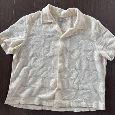 Bode Sunflower Lace Short Sleeve Shirt in ecru, featuring a patterned lace construction