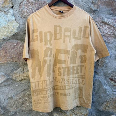Marithé + François Girbaud tan graphic tee with faded text reading 'GIRBAUD', 'STREET', 'PARIS NYC', 'MARSHALL', and 'STARTED AS A TWISTED DREAM AND END THE WORLD' in size XL #streetwear #paris