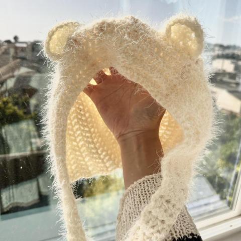 handmade bear bonnet white fuzzy