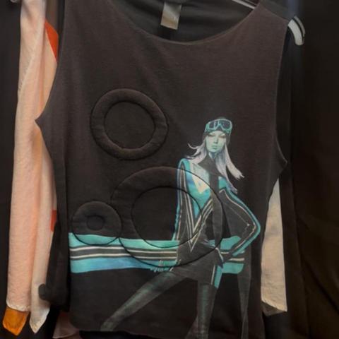 vintage rare custom barcelona black & blue graphic tank top with blue & white stripes and a stylized snowboarder figure #graphic #tanktop #euro #custo