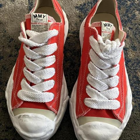 Red and white Maison Mihara Yasuhiro sneakers #designer #luxury