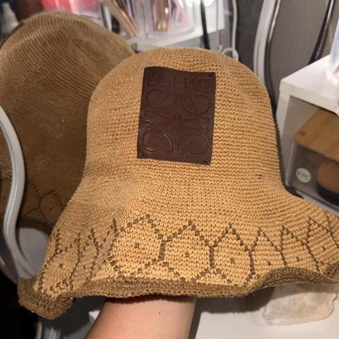 LOEWE brown & tan bucket hat with repeating geometric pattern #buckethat #geometric