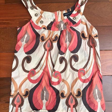 Vintage Mandarin Blue cotton tank top with abstract swirl design in pink, brown, and black on a cream background #abstract #swirl #vintage