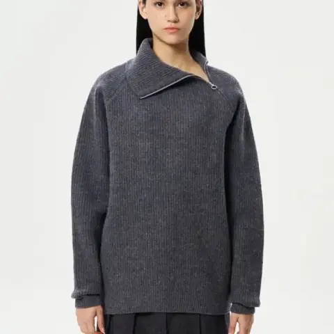 오라리 풀오버 니트 Women Milled French Merino Rib Knit Zip Po - Charcoal