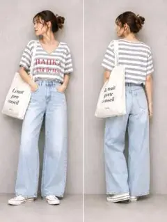スナオクワハラ ボーダー 半袖Tシャツ Vネック グレー ラメロゴ Mエイネット