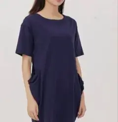 LIMI feu リミフゥ 半袖ギャザーロングワンピース コットン ネイビー