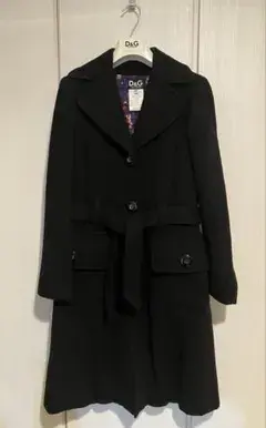 【美品 クリーニング済】D&G ロングコート ブラック38 裏地花柄 ベルト付