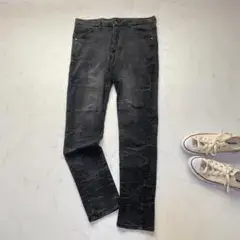Y2K セマンティックデザイン スキニーデニム L 黒 シワ加工 ストレッチ