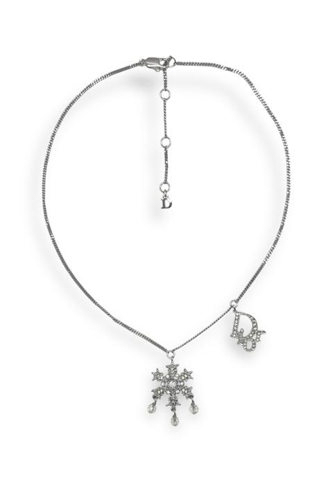 DIOR NECKLACE TROTTER MONOGRAM SNOWFLAKE DIAMANTE SILVER TONE   gallery