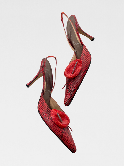 VINTAGE RENE CAOVILLA SNAKE LEATHER SLINGBACKS WITH 3-D LILY (39). NEW gallery
