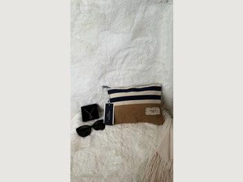 New Weekend RRP $470 Max Mara Morris Cotton & Raffia Clutch – Navy Stripe