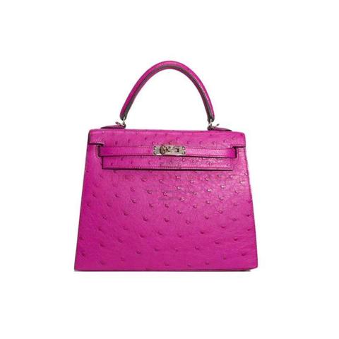 BRAND NEW ! Hermes Kelly 25cm Rose Pourpre Ostrich Leather Palladium Hardware