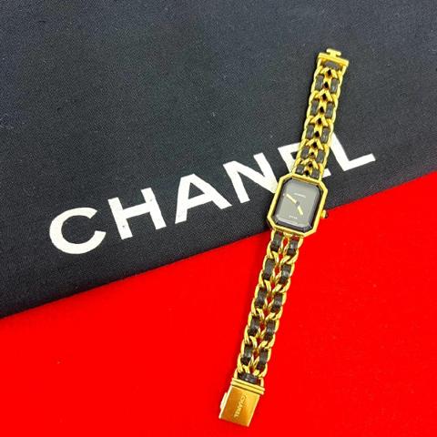 稼働品 極 美品 CHANEL シャネル ヴィンテージ プルミエール ステンレス レザー クォーツ 腕時計 リストウォッチ ゴールド ブラック 26613