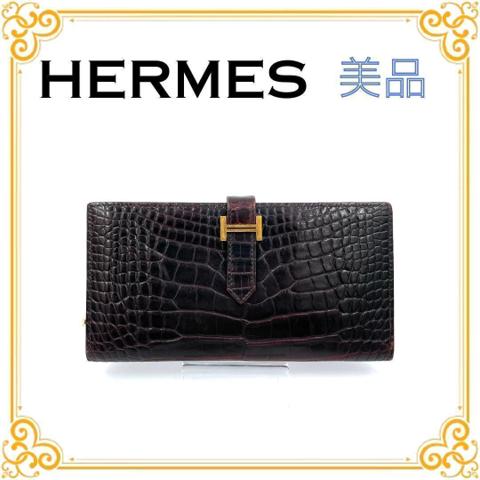 ■美品■ HERMES エルメス ベアンスフレ アリゲーター パープル レディース メンズ レザー ゴールド金具 長財布 ストラップ 希少 レア