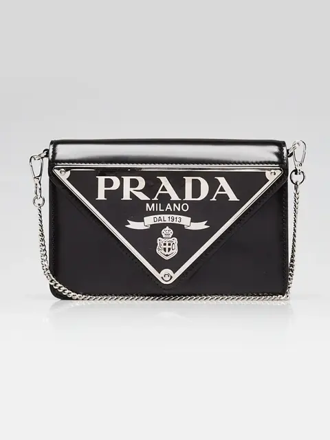 Prada Black Spazzolato Leather Maxi Triangle Logo Small Crossbody Flap Bag