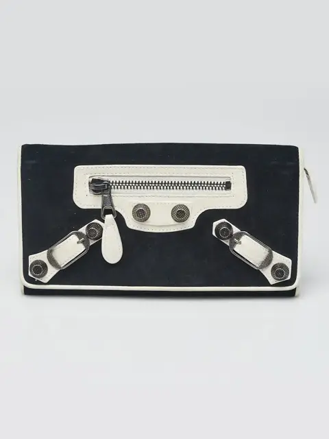 Balenciaga Black Suede and White Lambskin Leather Classic Money Wallet