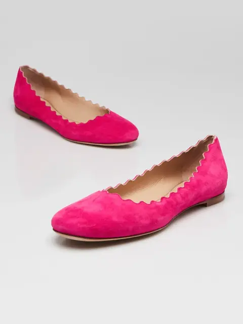 Chloe Fuchsia Suede Lauren Scalloped Ballet Flats Size 7.5/38
