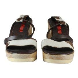 Miu Miu Leather Platform Sandals Brown White Cow Print Brown White