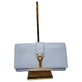 YVES SAINT LAURENT Calfskin Leather Ligne Y Clutch Bag Blue Light blue