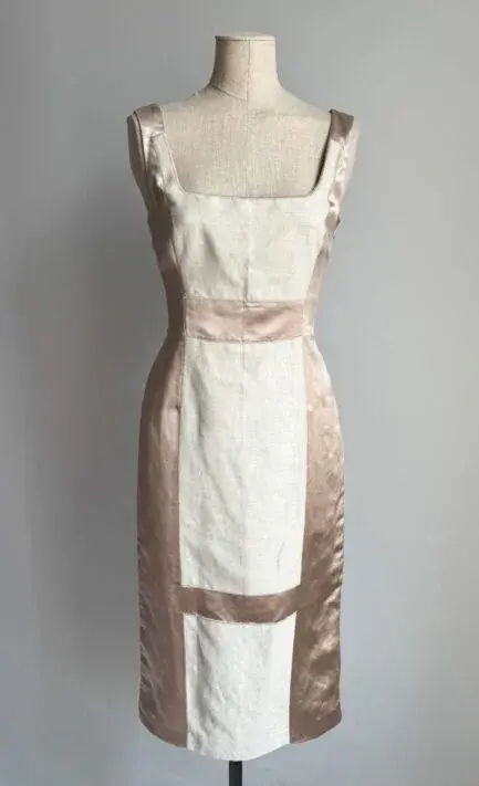 PRADA 1998 Blush Satin & Cream Linen Midi Dress (M) ON HOLD