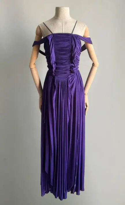 YVES SAINT LAURENT 2005-06 Purple Jersey Draped Off-Shoulder Silk Gown (S-M)