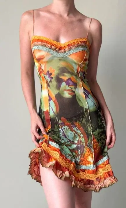 JEAN PAUL GAULTIER 2000 Face Print Slip Dress with Ruffle Lace Trim (S-M)