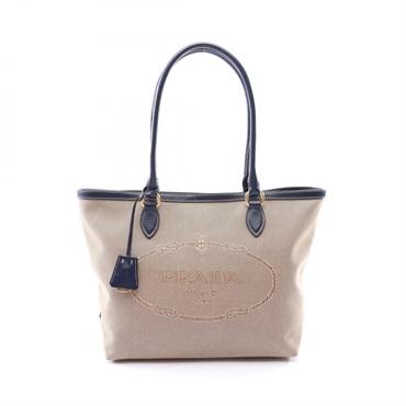 PRADA TESSUTO+SOFT CA Shoulder Tote Bag canvas leather Beige Navy Used Women