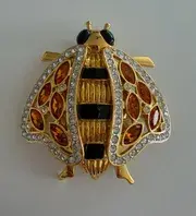 VALENTINO GARAVANI Large Vintage Brown Insect Crystal Gold Tone Brooch Pin