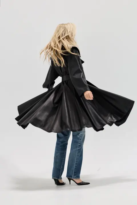 JOHN ANTHONY 80s Black Leather Swing Coat w/ Sailor Collar