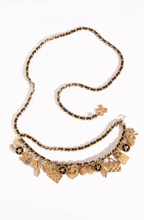 CHANEL S/S 1994 Black + Gold Leather Chain Belt w/ Charms