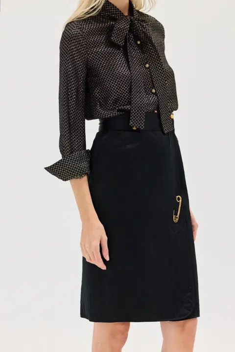 CHANEL 80s Black Quilted Silk Midi Skirt w/ Safety Pin Charm