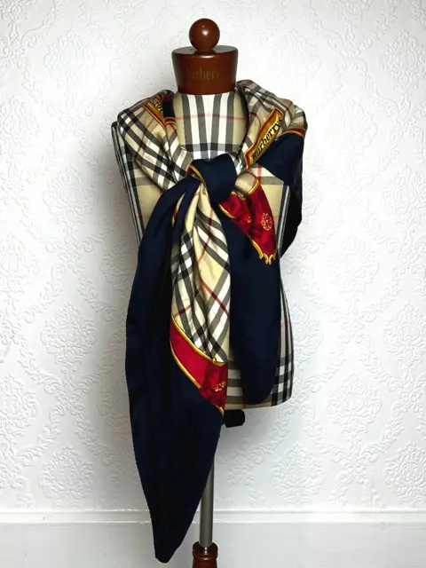 90s Burberrys Silk Scarf With Nova Check and Central Floral Pattern