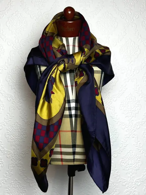90s Burberrys Silk Scarf with Chess Details and Central Logo
