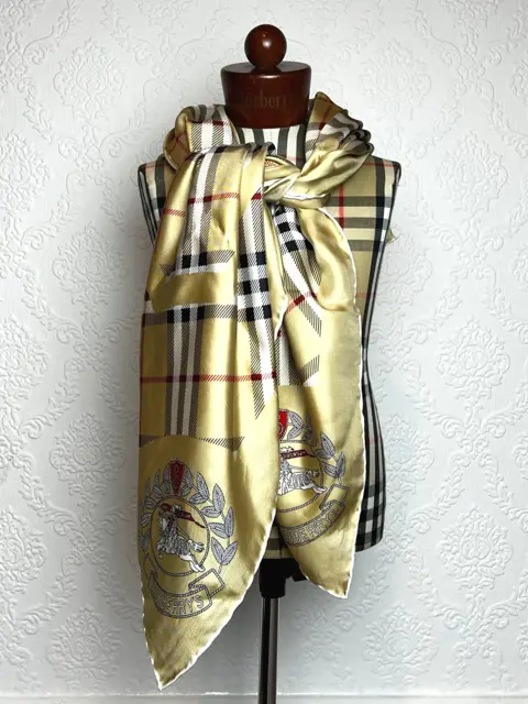 90s Burberrys Silk Scarf with Nova Check, Golden Border and Logo