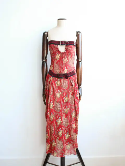 Christian Dior by John Galliano A/W02 Red Printed Silk Chiffon Strapless Belted Dress